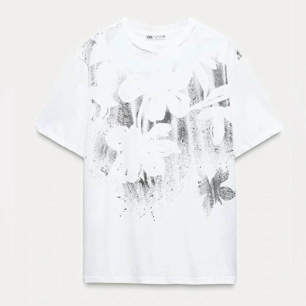 Zara Silver Metallic Floral Foil White T-shirt | Short Sleeves | XL | NWT - Picture 2 of 15
